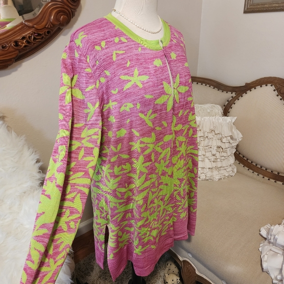Misook Multileaf Pink & Green Long Cardigan Jacket - Picture 7 of 12